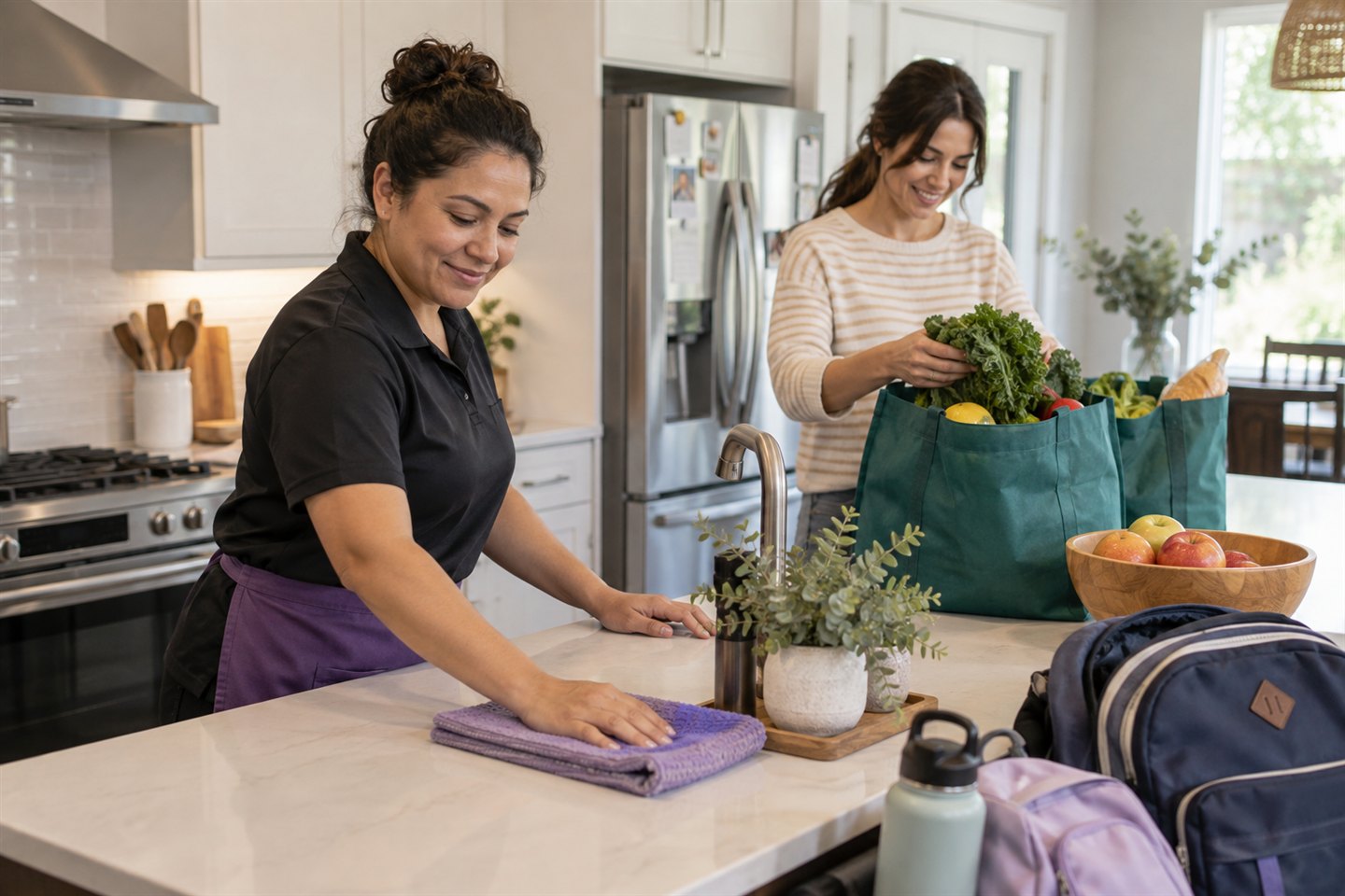 A homeowner puts away groceries while a professional cleaner wipes the kitchen island