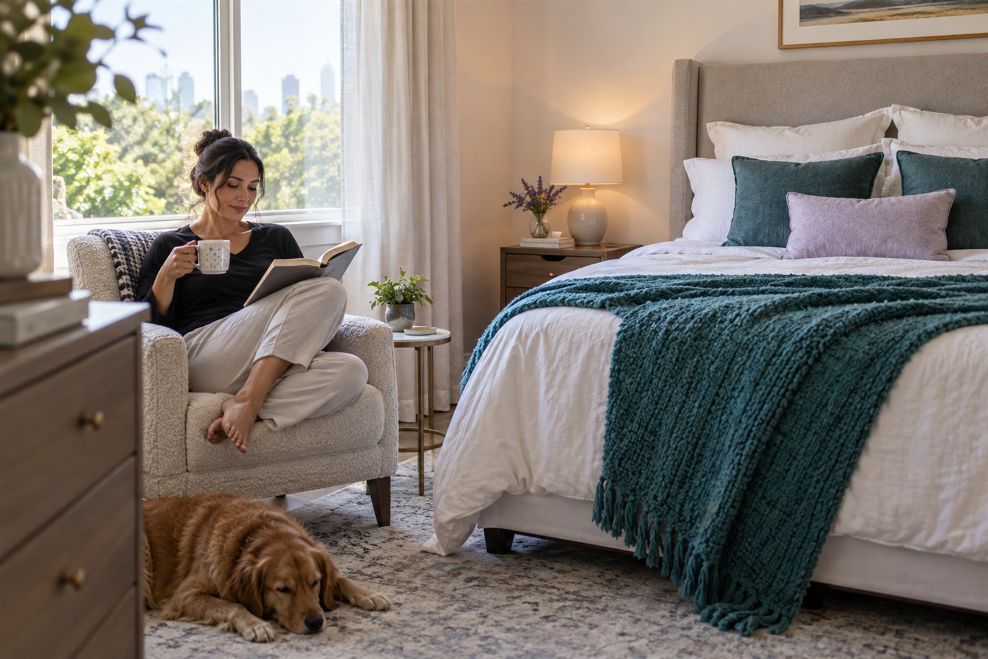 A woman relaxes with a book in a calm, freshly cleaned bedroom