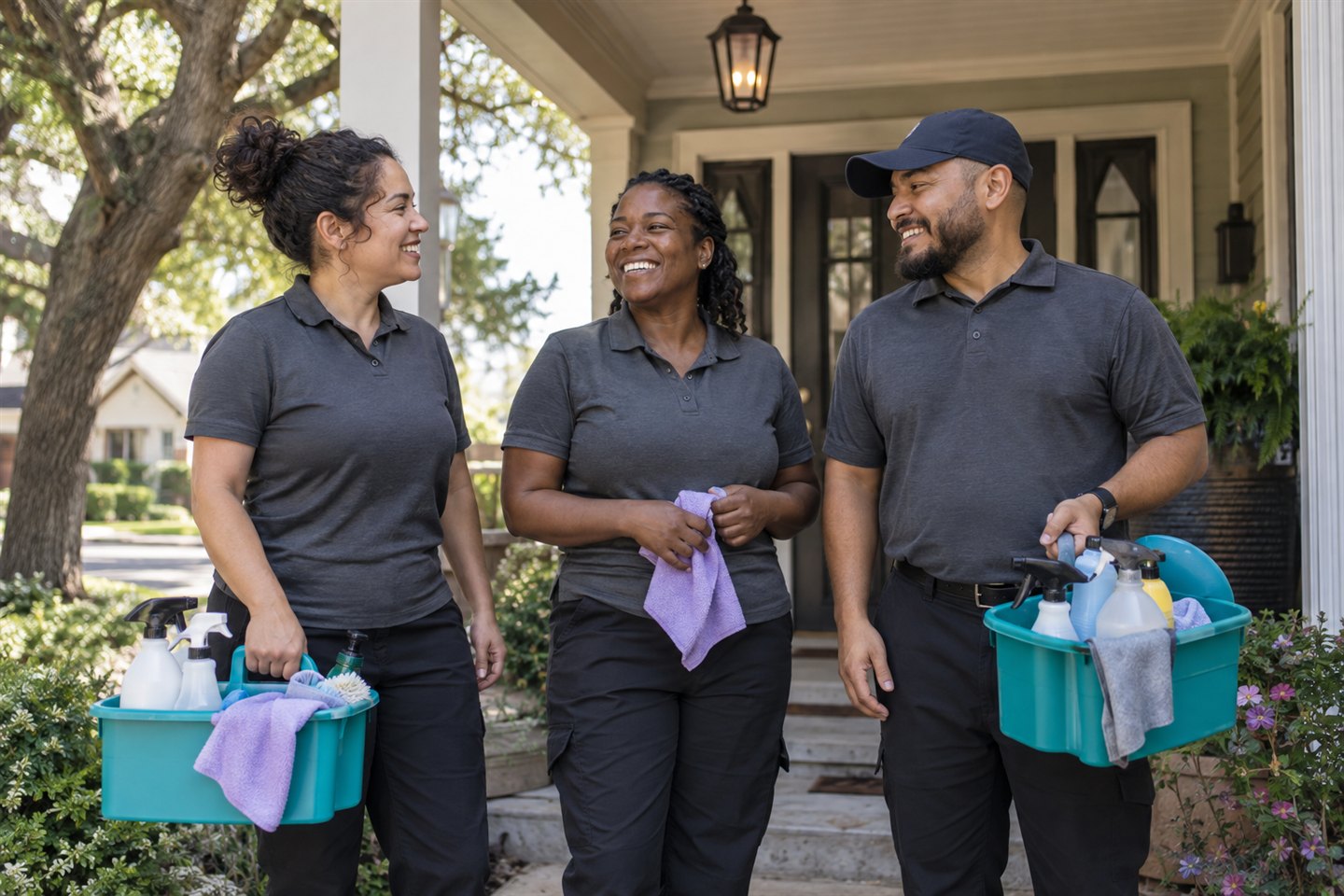 A local team of professional cleaners stands together after completing a home