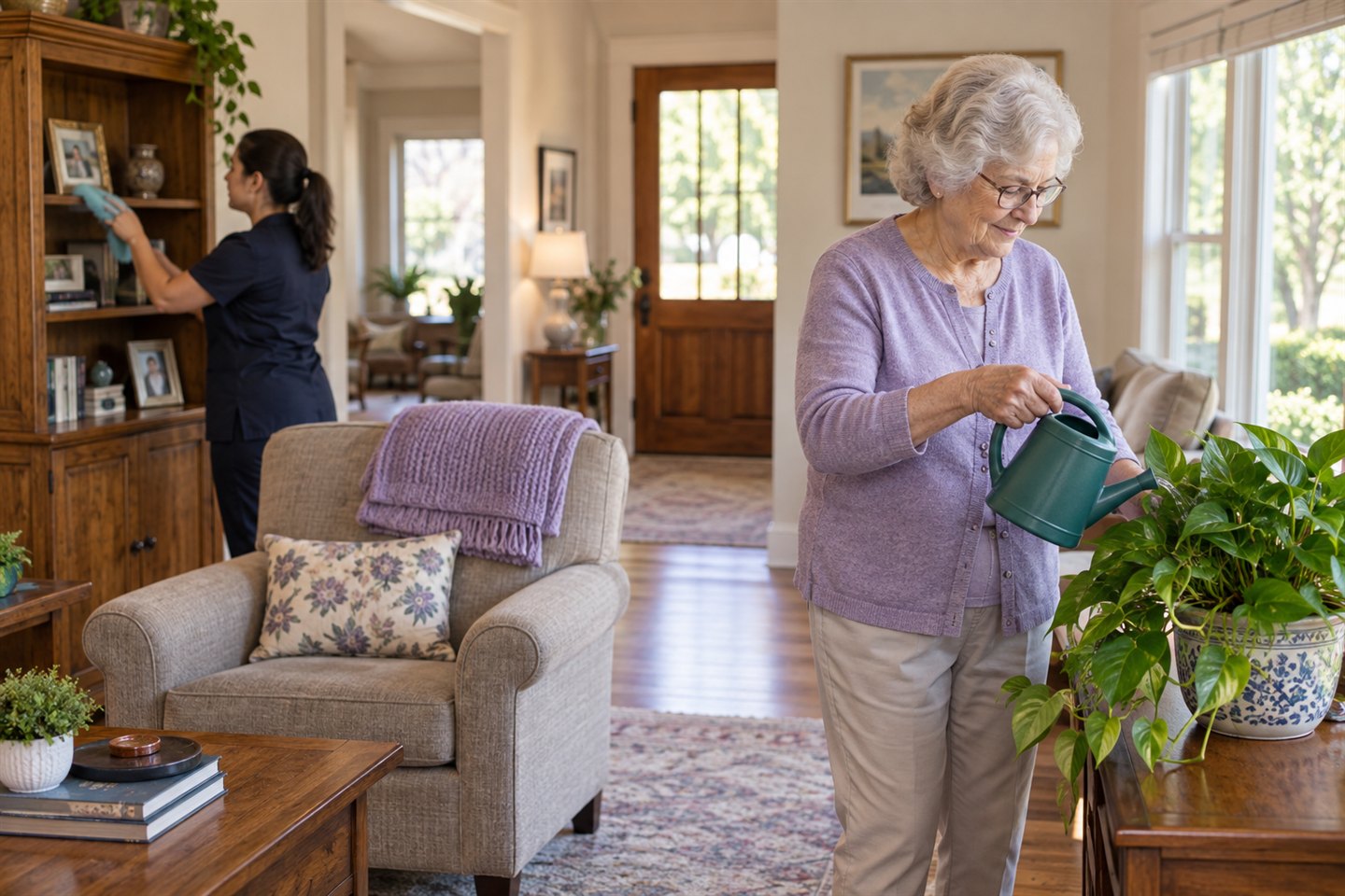 A senior watering a houseplant while a cleaner gently dusts her living room