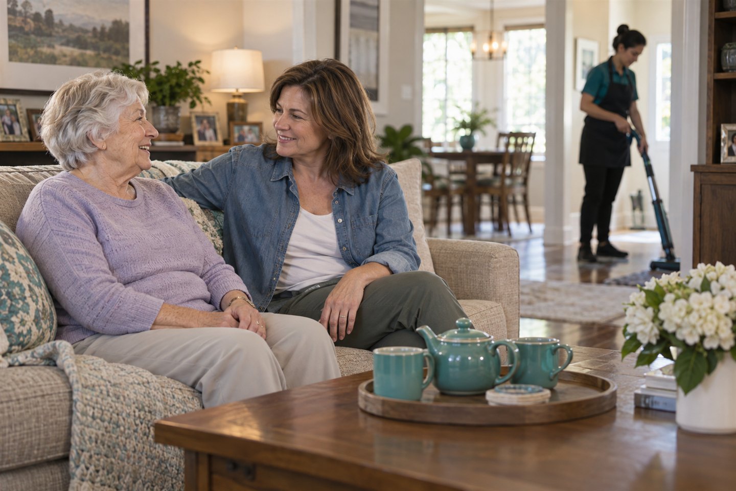 A senior and her adult daughter relax while a trusted cleaner works nearby