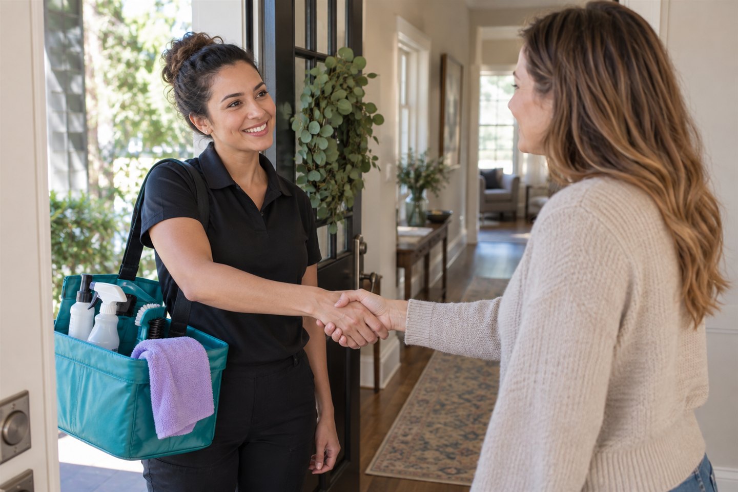 A homeowner welcomes a vetted professional cleaner at the front door
