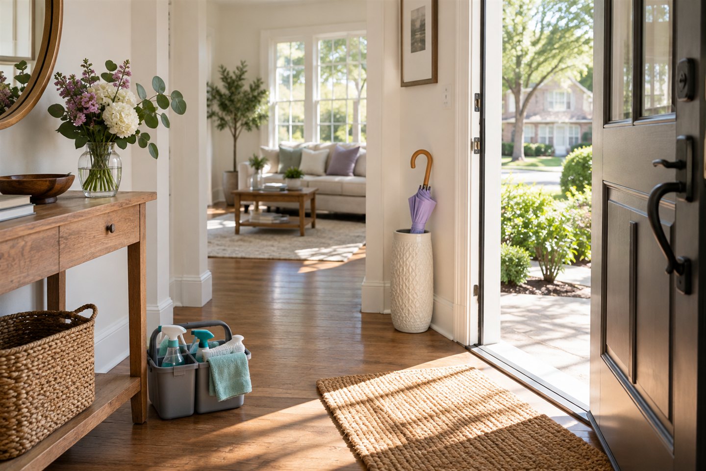 A bright, welcoming home entry with fresh flowers and a cleaning caddy